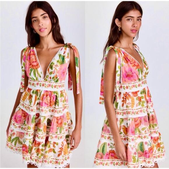Farm Rio Macaw Bloom Mini Dress Floral Off-White V Neck Tiered Cotton Size M - Picture 2 of 9
